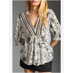 Blank London Anthropologie White & Black Floral Embroidered Kimono Blouse
